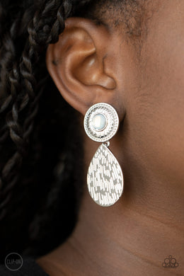 Emblazoned Edge - White Clip earrings